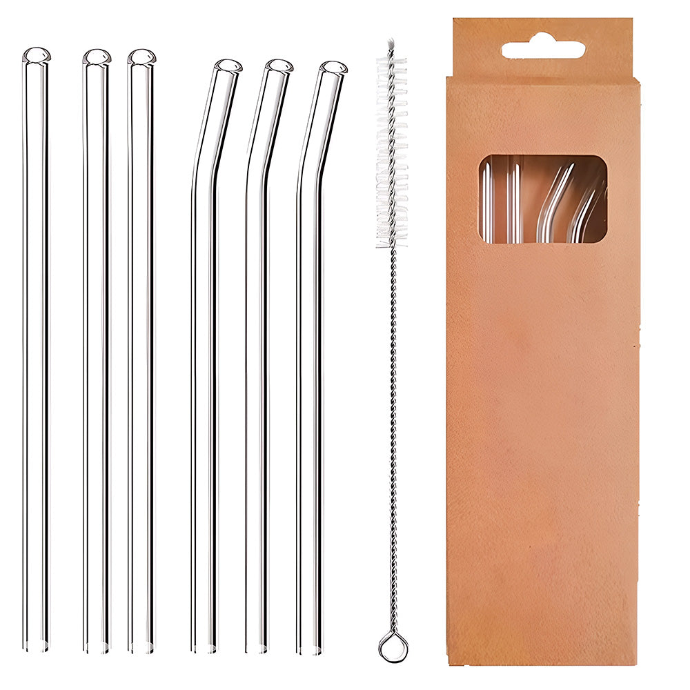 Reusable Transparent Glass Straws – Shatter Resistant (6 Pcs with Cleaning Brush)